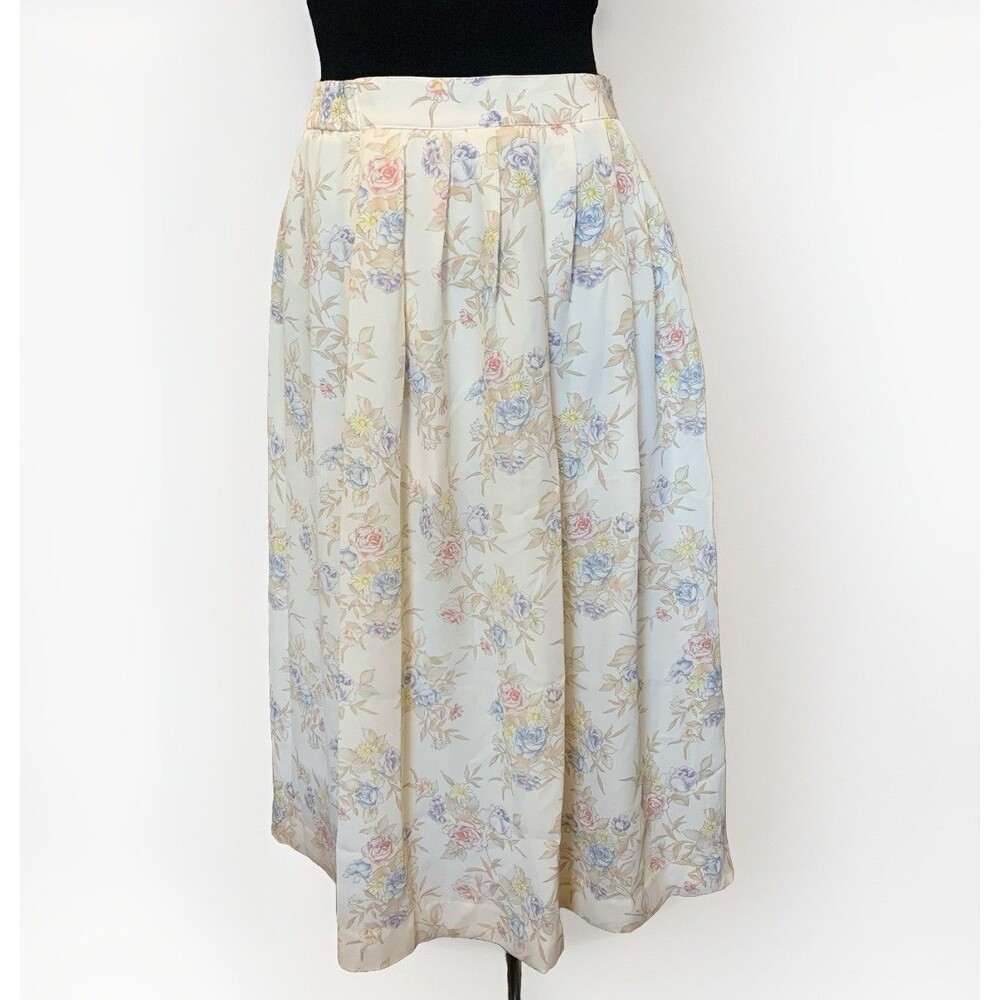 Vintage Leslie Fay Beige Floral Midi Skirt Modest Church Pleated Lined Pocket 12